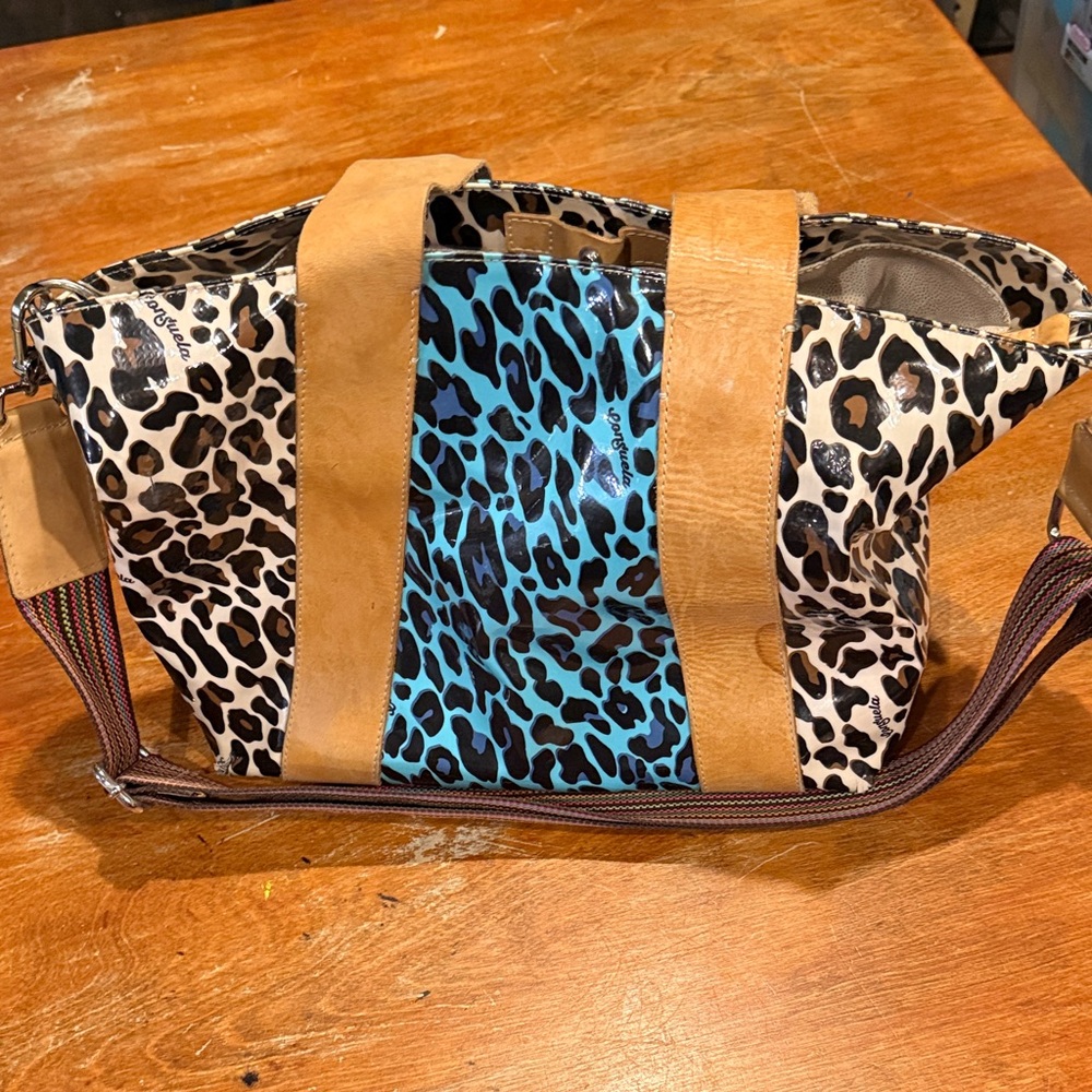 Consuela Leopard Tote with Tan and Blue Accents